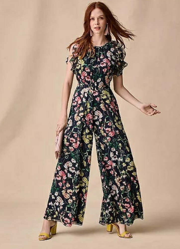 Tommy Hilfiger Printed Ruffled Wide-Leg Jumps Blue